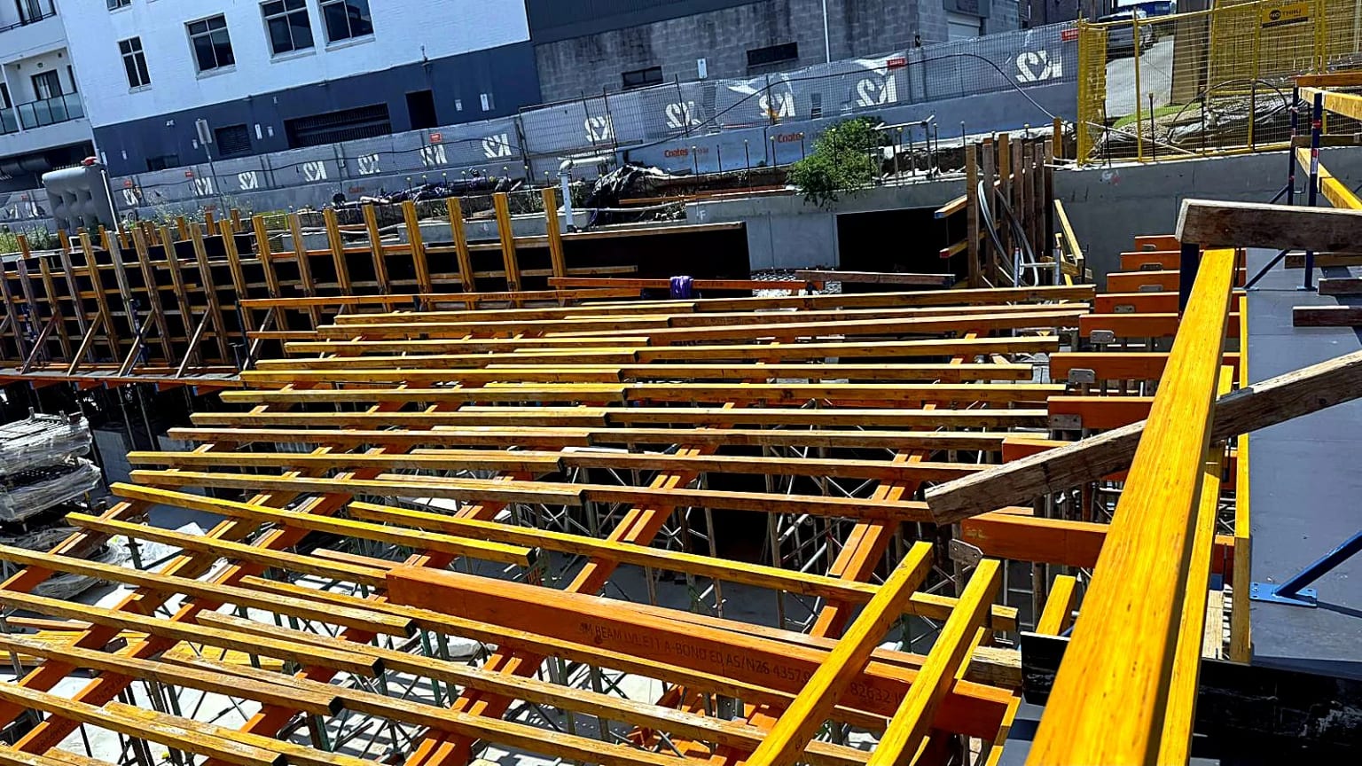 Timber bearers and shoring assembled for the next suspended slab.