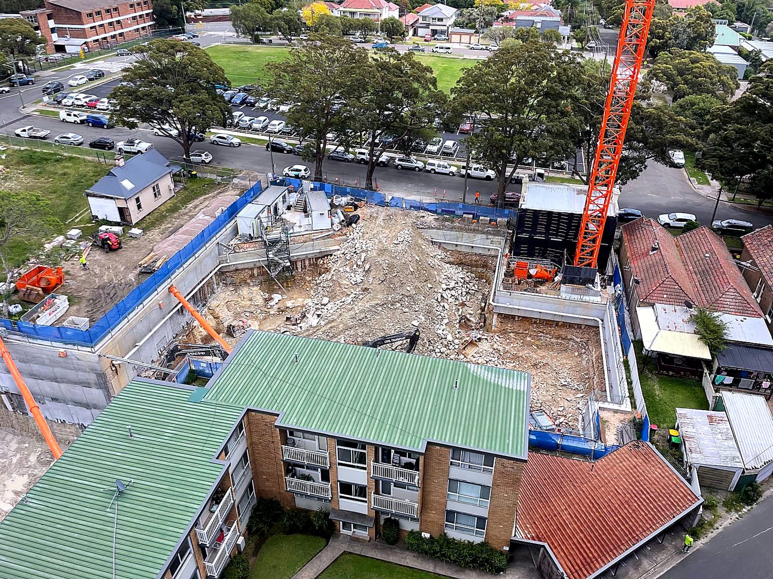 Aerial view of the excavated Kogarah site during early basement works.